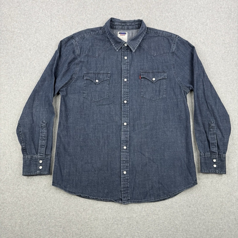 Levis Shirt Mens XL‎ Blue Denim Pearl Snap Long Sleeve Western Rodeo Pockets